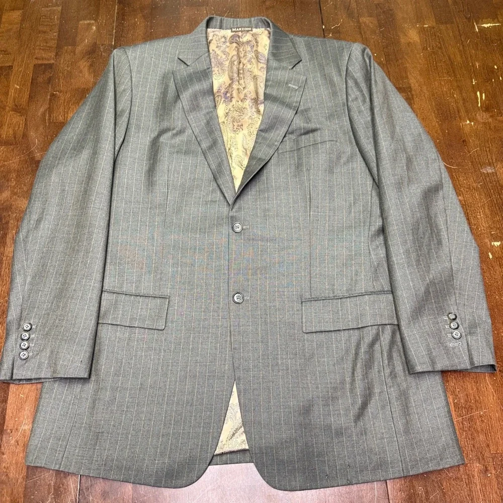 Marzoni Suit Mens 50 Gray Pinstripe Italian Wool Two Button Paisley Lining 40x34